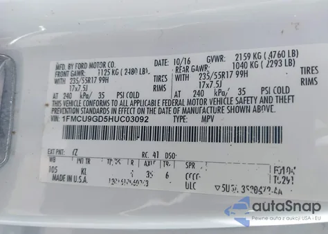 2017 Ford Escape Se из США, поврежденный, VIN 1FMCU9GD5HUC03092